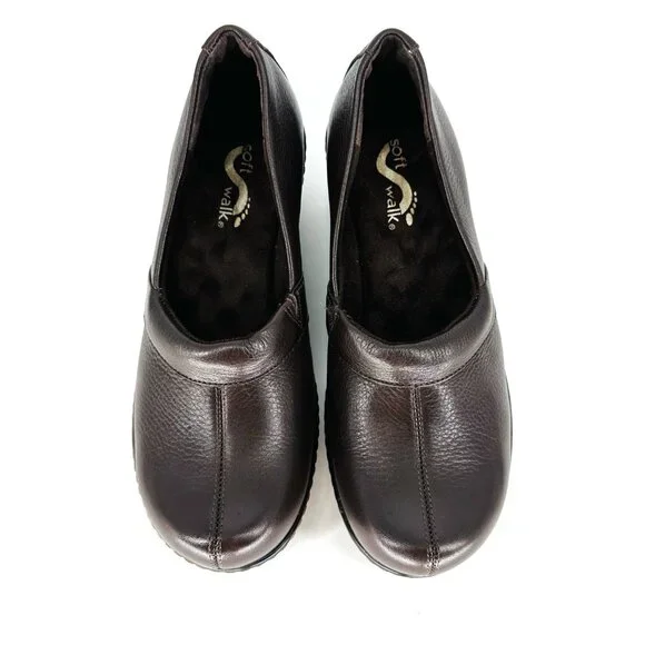 SoftWalk Brown Leather Slip On Melody Platform Non-Skid Work Clog Wedge Mule 6M - Picture 3 of 8